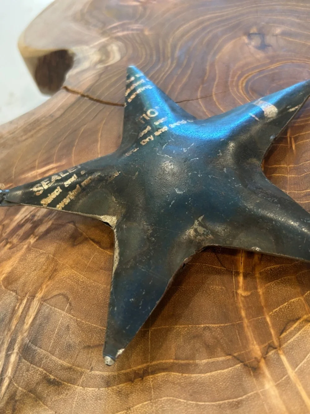Reclaimed unique blue metal star ornament
